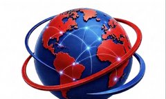 Isotipo Transbord: globo azul y rojo con anillos orbitales